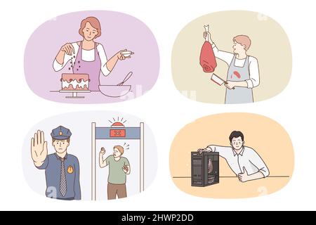 Set of people occupations and professions. Collection of men and women with different jobs and careers. Pastry chef, butcher, guard or policeman, engineer. Vector illustration.  Stock Vektor