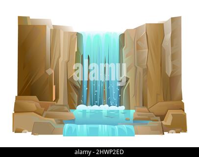 Wasserfall zwischen Felsen. Cooler Cartoon-Style. Kaskade schimmert nach unten. Fließendes Wasser. Wilder Ort. Objekt auf weißem Hintergrund isoliert. Vektor Stock Vektor