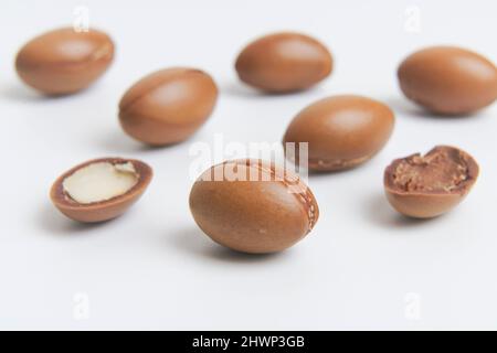 Argan-Samen auf weißem Hintergrund isoliert. Arganöl Nüsse mit Pflanze. Kosmetik und natürliche Öle Hintergrund. Hochwertige Fotos Stockfoto