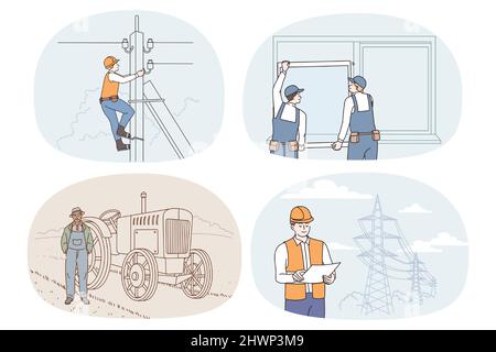 Collection of people occupations and professions. Set of men having different jobs and careers. Electrician, mounter and farmer. Employment and recruitment. Vector illustration.  Stock Vektor