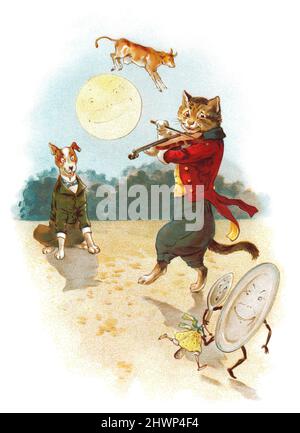 Hey Diddle Diddle, die Katze und die Geige, das Gericht lief mit dem Löffel weg, der kleine Hund lachte, um so viel Spaß zu sehen und die Kuh sprang über den Mond. 1902 Chromo-Litho-Illustration von Mother Goose Jingles. Herausgegeben von Ernest Nister. Stockfoto