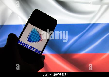 Rheinbach, 4. März 2022, das Markenlogo des russischen Energiekonzerns „Nowatek“ auf dem Display eines Smartphones (Fokus auf das Markenlogo) Stockfoto