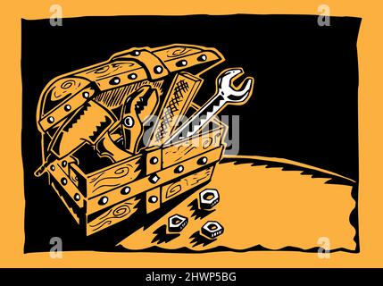 Illustration einer Schatzkiste. Schwarzer Umriss auf orangefarbenem Hintergrund Stockfoto