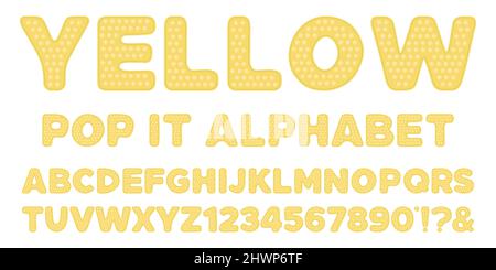 Pastellgelbes popit-Alphabet und Zahlen im Fidget-Spielzeugstil. Pop it Schriftdesign als trendiges Silikonspielzeug für Fidget in zarter Farbe. Blase sen Stock Vektor