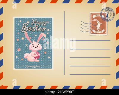 Osterumschlag Papierpost mit Osterhase, Briefmarke, Jahrgang. Vektorgrafik Stock Vektor