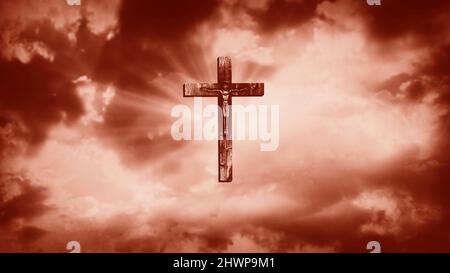 Jesus Christus gekreuzigt auf Golgatha Hügel außerhalb des alten Jerusalem. Die Kreuzigung Christi mit stürmischen Wolken am Himmel. Vintage-Film-Look Stockfoto