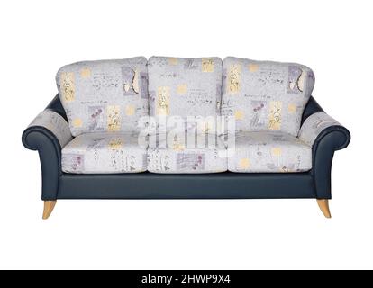 Sofa mit Vintage-floralen gemusterten Polsterstoffen auf weißem Hintergrund Stockfoto