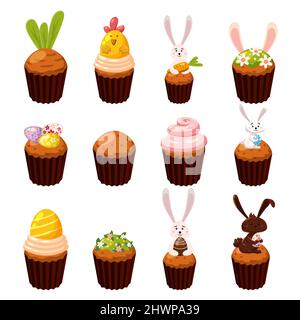 Set mit Osterbonbons Eier, Cupcake, Vogel, Hase, Bonbons, Kuchen. Sammlung von süßen Lebensmitteln, Schokolade Kaninchen Stock Vektor
