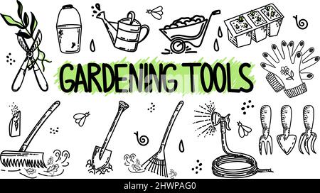 Ein Satz handgezeichneter Gartenelemente im Doodle-Stil. Junge Bäume Pflanzen. Frühjahrsarbeit im Garten. Werkzeuge für den Garten. Einfacher linearer Vektorstil Stock Vektor