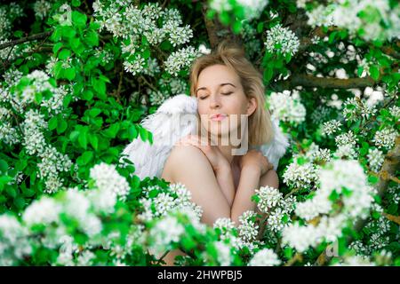 Schöne weibliche Frau mit weißen Flügeln mit weißen Frühlingsblumen. Stockfoto