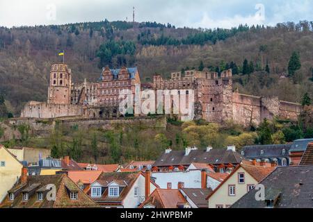 Eindruck von Heidelberg mit Schloss in Deutschland im Winter Stockfoto