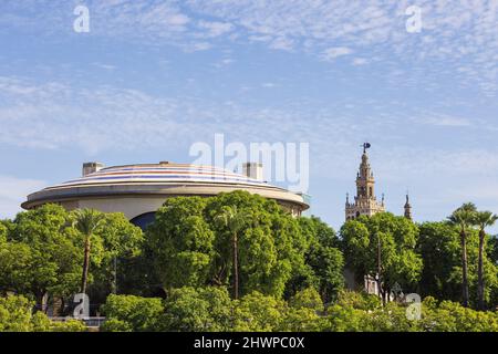 Das Teatro de la Maestranza mit der Kathedrale von Sevilla im Hintergrund, vom Ufer des Guadalquivir aus gesehen Stockfoto