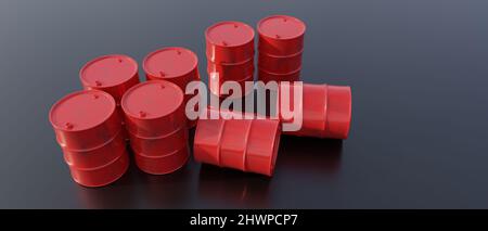 Rot gefärbte Metallhülse auf schwarzem Hintergrund, oben. Öl- und Gasindustrie.Erdölproduktion und -Markt. 3D Rendern Stockfoto