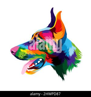 Abstraktes Doberman-Kopfporträt aus bunten Farben. Farbige Zeichnung. Vektordarstellung von Farben Stock Vektor