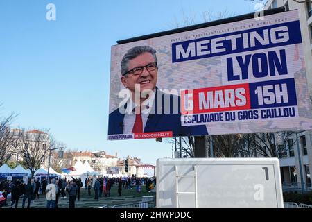 Lyon (Frankreich), 6. März 2022. Treffen von Jean-Luc Mélenchon, Kandidat der Partei France Insoumise für die Präsidentschaftswahlen 2022. Stockfoto