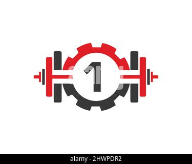Fitness Gym Logo Auf Brief 1. Fitnessclub-Symbol Mit Trainingsgeräten. Anfangsbuchstabe 1 GYM Logo Design-Vorlage Stock Vektor