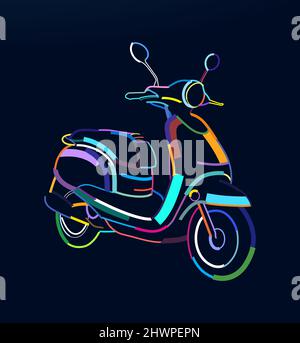 Abstrakter Retro-Roller aus bunten Farben im Vintage-Stil. Farbenfrohe Zeichnung. Moderner persönlicher Transport. Klassischer Motorroller. Vektordarstellung von p Stock Vektor