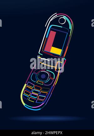 Abstraktes altes Vintage Flip Phone im Retro-Stil aus bunten Farben. Farbige Zeichnung. Vektordarstellung von Farben Stock Vektor