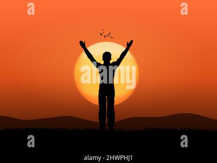 Zeichnung Konzept Silhouette Thanksgiving der Mann stehend heben Sie Ihre Hand mit Sonnenuntergang Hintergrund Vektor Illustration Stock Vektor