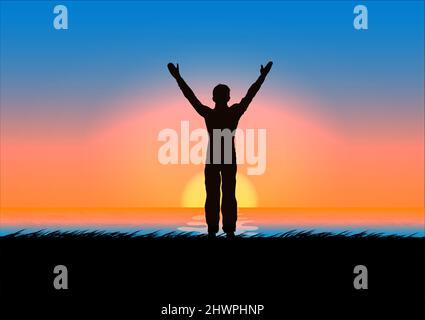 Zeichnung Konzept Silhouette Thanksgiving der Mann stehend heben Sie Ihre Hand mit Sonnenuntergang Hintergrund Vektor Illustration Stock Vektor