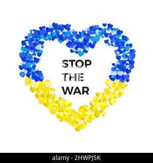 Stop the war in Ukraine Vorlage. Beenden Sie Krieg und militärische Aggression. Blau und gelb Ukraine Flagge in Herz Silhouette. Konzept von Freiheit und Frieden. Ve Stock Vektor