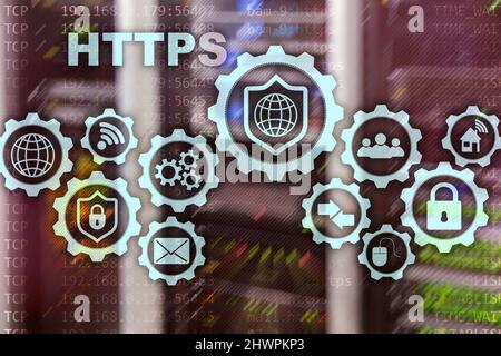 HTTPS. Hypertext Transport Protocol Secure. Technologiekonzept auf dem Server Zimmer Hintergrund. Virtuelle Symbol für Network Security Web Service. Stockfoto