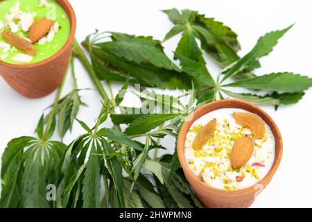 Spezielles indisches Getränk namens Shahi Bhaang Thandai ist ein mit Cannabis infundiertes kühlendes Getränk aus Bhang, Milch, eingeweicht in trockenen Früchten wie Mandeln Badam Pis Stockfoto