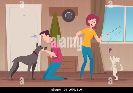 Menschen, die mit Tieren spielen. Glücklich Haustiere Besitzer lustige Katzen und Hunde genaue Vektor Cartoon Hintergrund Illustration Stock Vektor