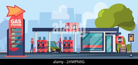 Hintergrund der Tankstelle. Tanker Service-Mitarbeiter stehen in der Nähe von Autopumpe Benzin grellen Vektor Cartoon-Illustration Stock Vektor