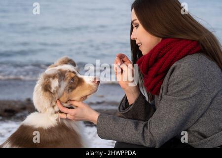 Junge Frau streichelte Hund am Strand Stockfoto