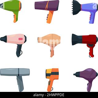 Elektrischer Haartrockner. Barbershop Artikel farbige Werkzeuge für Beauty Salon Haarpflege grellen Vektor Illustrationen Set isoliert Stock Vektor