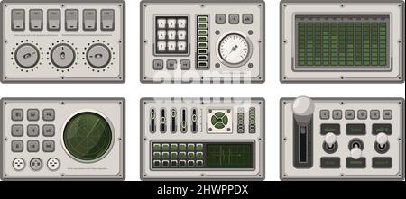 Vorlagen für Bedienfelder. UI farbige Set-Tasten Kontrollkästchen Frames Tastatur Schalter Scrollers Musik verstärkt Systeme grellen Vektor gesetzt Stock Vektor