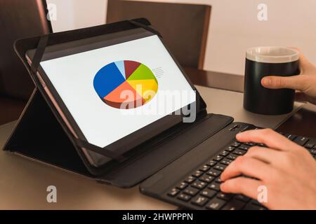 Hände einer Geschäftsfrau, die im Büro einen Tablet-PC verwendet, um die Grafik zu analysieren Stockfoto