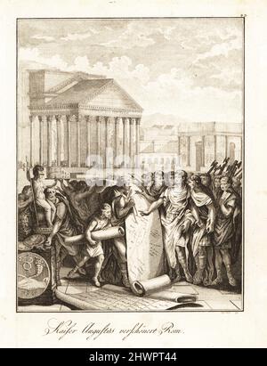 Erster römischer Kaiser, Caesar Augustus oder Octavian, der das Gebäude Roms beaufsichtigt, 14 n. Chr. Er baute den Campus Martius, Ara Pacis, den Tempel des Caesar, die Bäder von Agrippa, das Forum des Augustus, Tempel des Mars Ultor, etc. Auguste s'occupe des emellissemens de Rome. Kupferstich von David Weis nach einem Entwurf von Gabriel de St. Aubin aus der Gemalde aus der römischen Geschichte von Professor Joseph Rudolf Zappe, Joseph Schalbacher, Wien, 1800. Deutsche Ausgabe von Abbe Claude Francois Xavier Millot’s Abrege de l’Histoire Romaine. Stockfoto