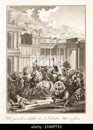 Tullia, die letzte Königin von Rom, befiehlt ihrem Wagenlenker, über die Leiche ihres ermordeten Vaters, König Servius Tullius, 535 v. Chr., zu fahren. Tullie veut forcer le conducteur de son chariot a passer sur le cadavre de son pere. Kupferstich von Quirin Mark nach einem Entwurf von Charles-Dominique-Joseph Eisen von Professor Joseph Rudolf Zappes Gemalde aus der römischen Geschichte, Bilder der römischen Geschichte, Joseph Schalbacher, Wien, 1800. Deutsche Ausgabe von Abbe Claude Francois Xavier Millot’s Abrege de l’Histoire Romaine. Stockfoto