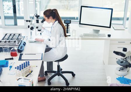 Es gibt noch so viel zu tun. Ausgeschnittene Aufnahme einer fokussierten jungen Wissenschaftlerin, die durch ein Mikroskop schaut, während sie Tests in einem Labor durchführt. Stockfoto