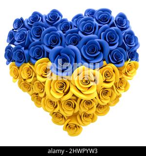 Ein Herz aus Rosen in den Farben der ukrainischen Flagge: Wir stehen mit dem Ukraine-Konzept Stockfoto