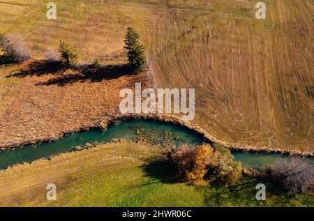 Österreich, Salzburg, Fuschl am See, Drohne Blick auf die ländliche Landschaft des Salzkammerguts im Sommer Stockfoto