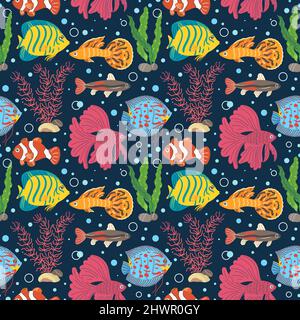 Aquarium Fische nahtloses Muster. Verschiedene Rassen bunte kleine Fische, dekorative Algen, Steine, Unterwasserwelt, isoliert auf blauem Hintergrund Stock Vektor