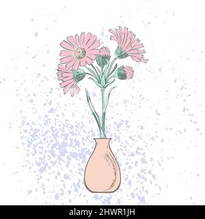 Attraktiv arrangierte Blumenstrauß in Vase. Gezeichnete Chrysanthemum Blumen künstlerische Vektor-Illustration. Floral botanischen Hochzeit Ornament trendy Pat Stock Vektor