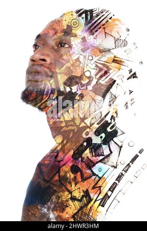 Paintographie. Ein Porträt eines jungen afroamerikanischen Mannes kombiniert mit einem kreativen Gemälde Stockfoto