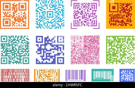 QR-Codes. Barcode, Codierung digitaler Elemente für Bildschirm. Mobile Health id-Elemente. Persönliche Barcodes zum Scannen in Einkaufszentrum, Geschäft, Stadtverkehr, genau Stock Vektor