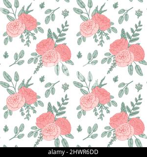 Zartes florales Nahtmuster mit Rosen und Pfingstrosen. Handgezeichnete Vektorgrafik Stock Vektor