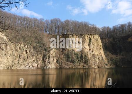 Bonn Deutschland März 2022 Dornheckensee, Seenlandschaft im ehemaligen Steinbruch für den Basaltbergbau mit schönem Frühlingswetter und blauem Himmel Stockfoto