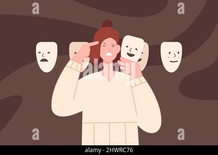 Frauenemotionsmaske. Gesicht hinter Masken Persönlichkeitspsychologie, gefälschte Person Verkleidung grenzwertigen Störung erwachsenen Mädchen und traurige Emotion, Reaktionskontrolle, Vektor-Illustration. Frau mit Gesichtsmaske Emotion Stock Vektor