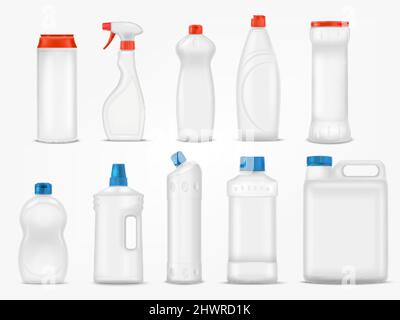 Realistische Waschmittelflasche. 3D Flaschen Haushaltsreiniger, Mockup Waschmittel Verpackungsbehälter, Flüssigkeiten für Schmutzreinigungsanlagen, isolierte aufgeräumten Vektor. Abbildung der Verpackung aus Waschmittel-Kunststoff Stock Vektor