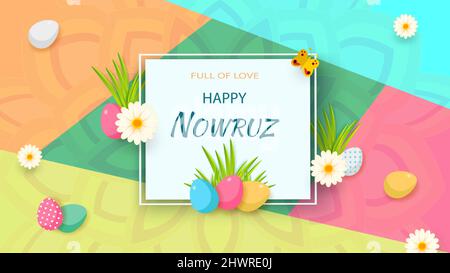 Grußkarte mit Novruz Holiday. Hintergrundvorlage für Novruz Bayram. Frühlingsblumen, bemalte Eier und Weizensprossen.Vektor Stock Vektor