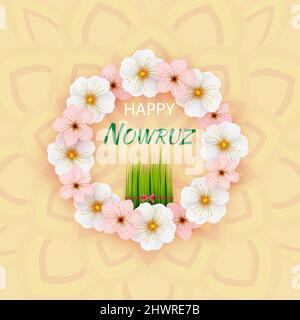 Grußkarte mit Novruz Urlaub. Hintergrundvorlage Novruz Bayram. Frühlingsblumen, bemalte Eier und Weizensprossen. Stock Vektor