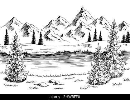 Mountain River Grafik schwarz weiß Landschaft Skizze Illustration Vektor Stock Vektor