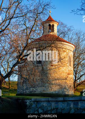 Gebäude der Rotunde des Hl. Martin auf Vysehrad, älteste Prager Rotunde aus dem 11.. Jahrhundert in goldenem Sonnenlicht mit Baum. Tschechische republik. Stockfoto